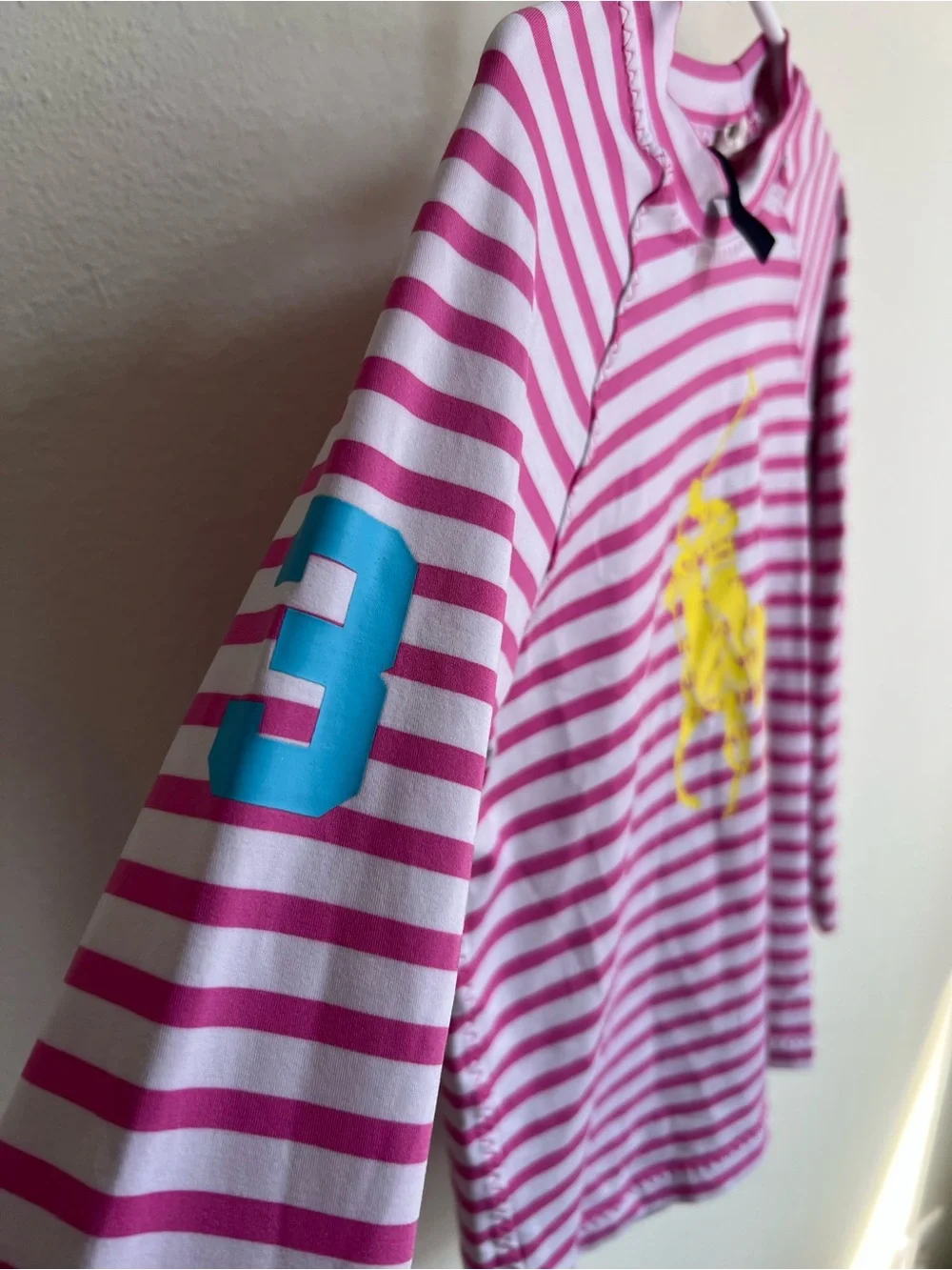 Ralph Lauren Hot Pink & White Striped Polo Pony Long Sleeve Top